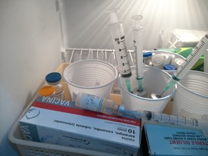 Vacinas abertas com agulhas puncionadas nas embalagens dentro da geladeira